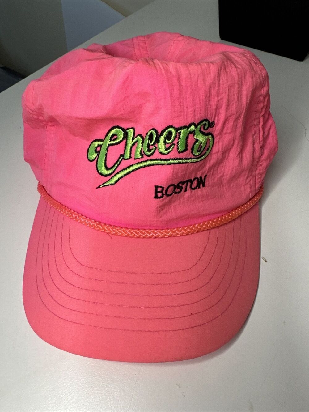 Vintage Cheers Boston Snap Back Hat 80s Pink and Green Neon